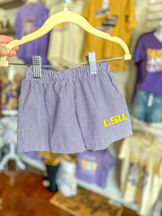 LSU Embroidered Gingham Pull On Shorts
