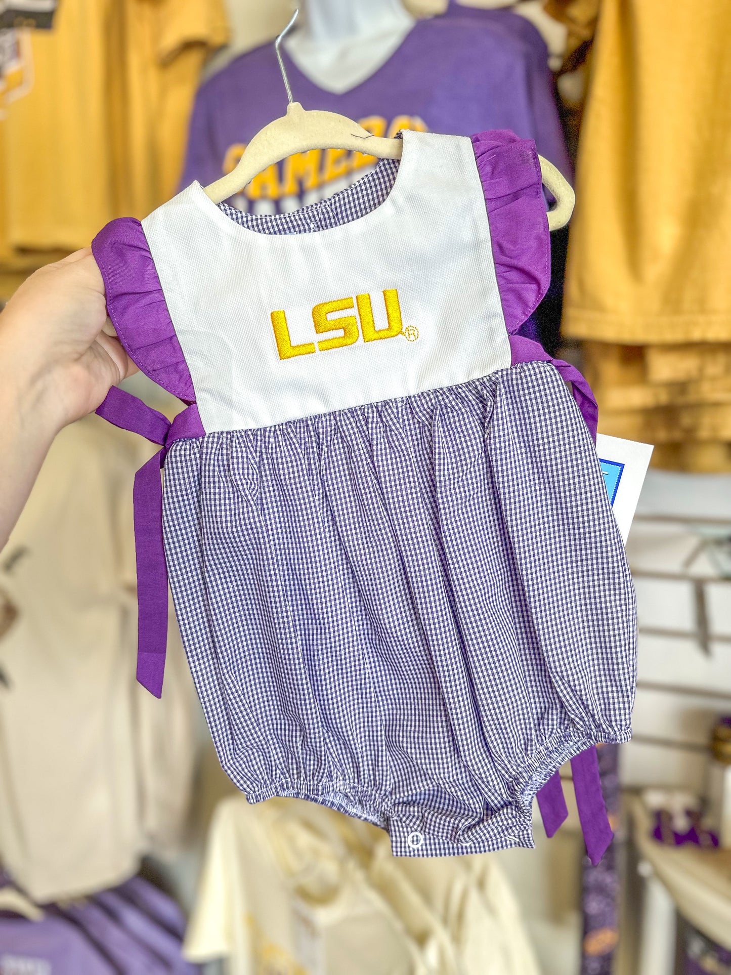 LSU Embroidered Gingham Girls Bubble
