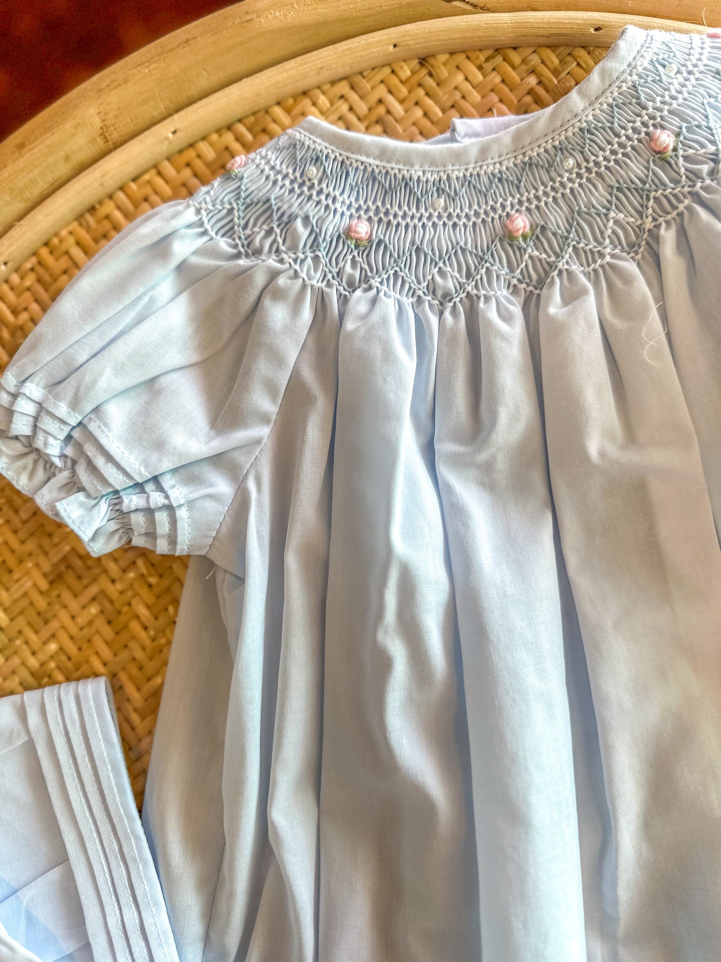 Blue Daygown W/ Heart Smocking and Pearls