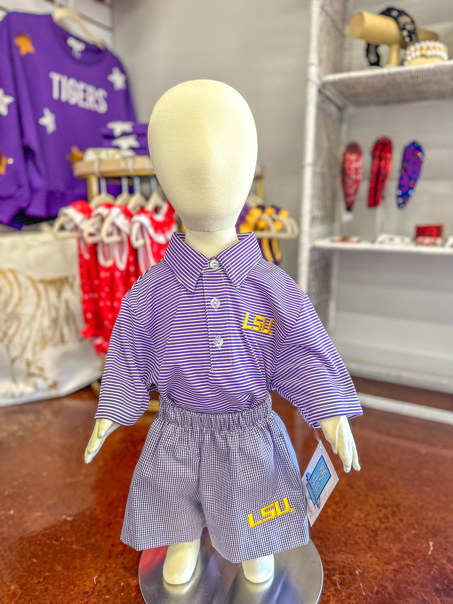 LSU Embroidered Gingham Pull On Shorts