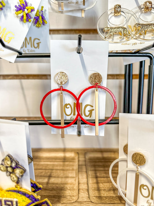 Red Circle with Gold Bar Earrings