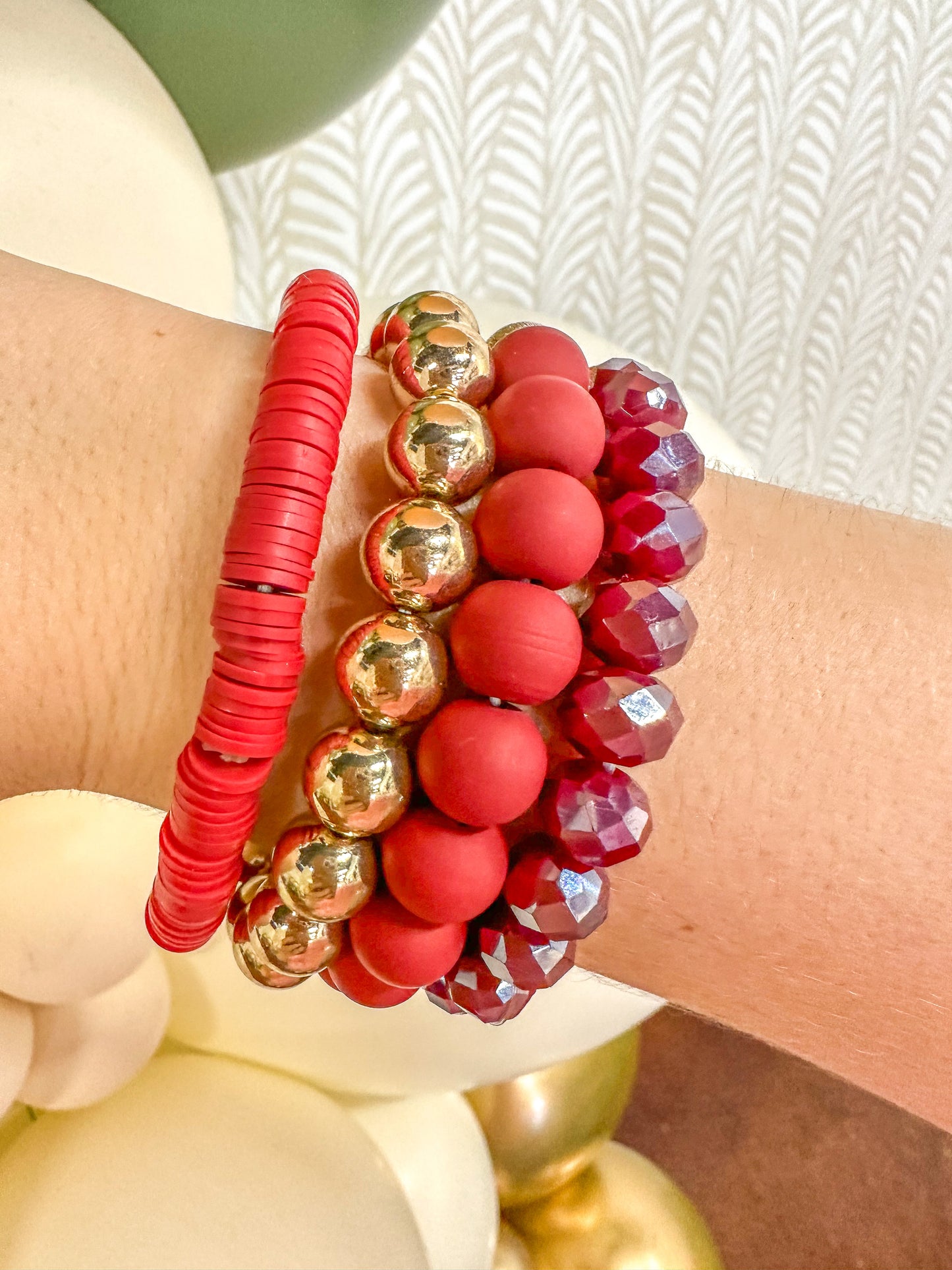 Deep Red Rubber, Crystal & Gold Stretch Bracelets