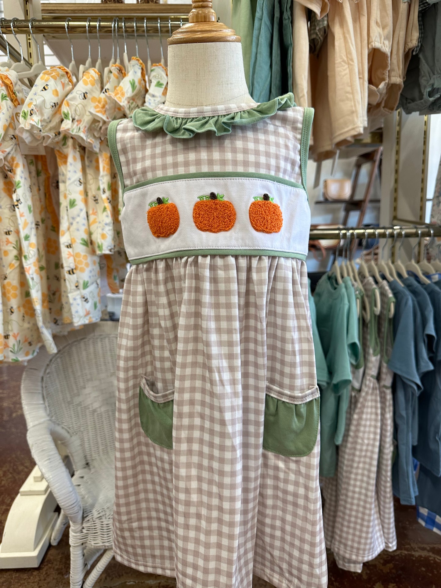 Green Plaid French Knot Pumpkin Dress