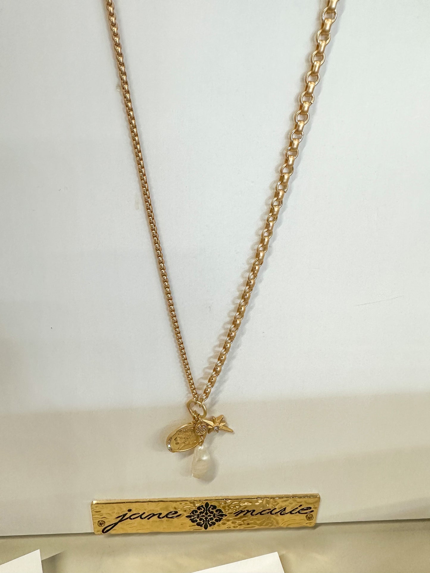Helena Crystal Coin W/ Rectangle Pearl Necklace