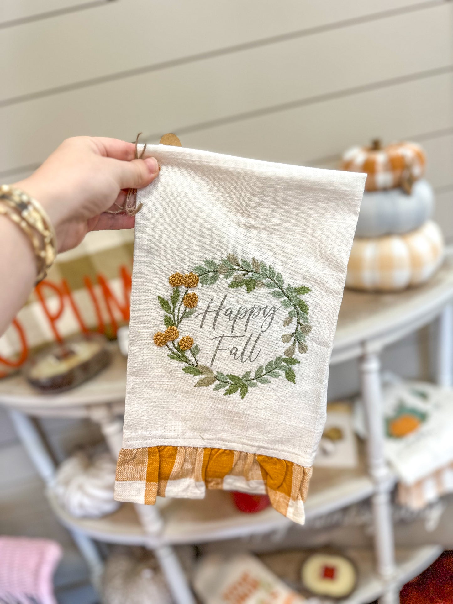 Fall Wreath Check Hem Decorative Towel