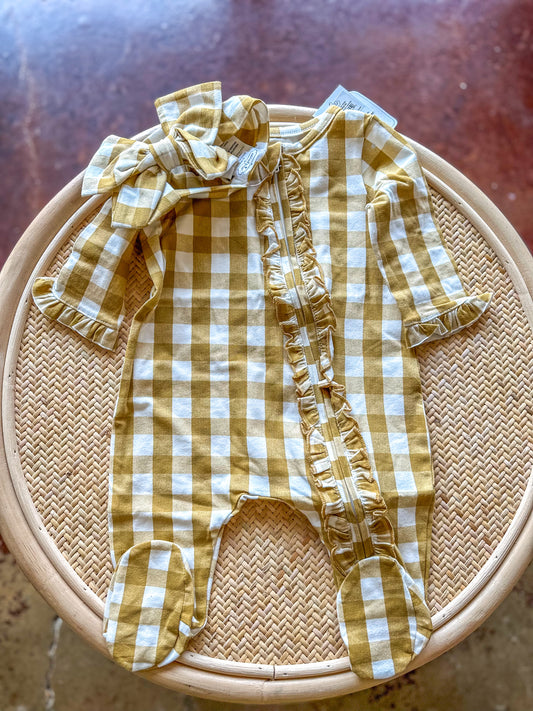 Mustard Gingham Zippie & Headband Set