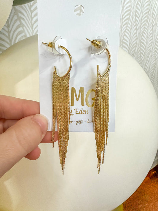 Gold Huggie W/ Chain Tassel Earrings