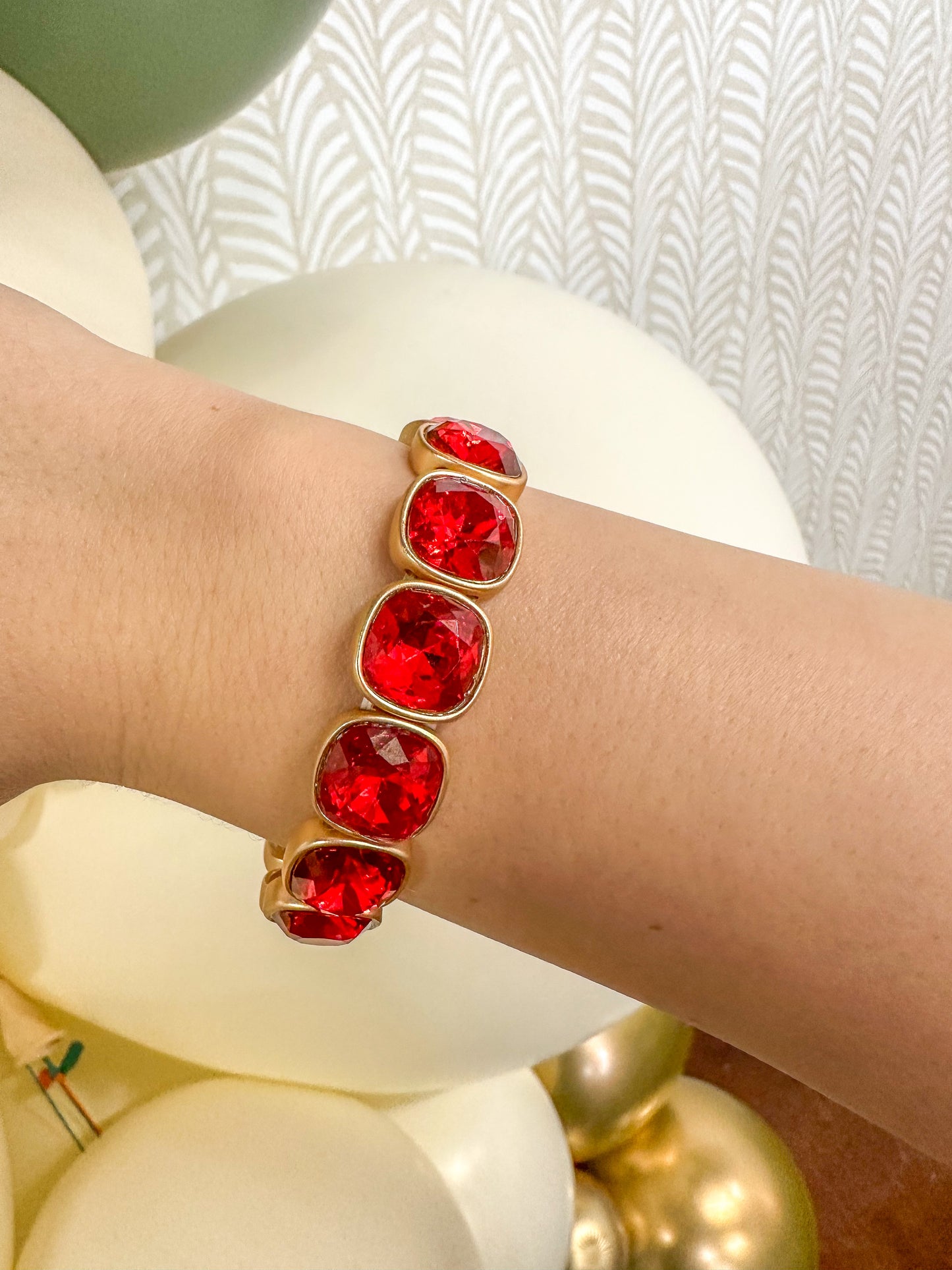 Red Squared Crystal & Gold Stretch Bracelet