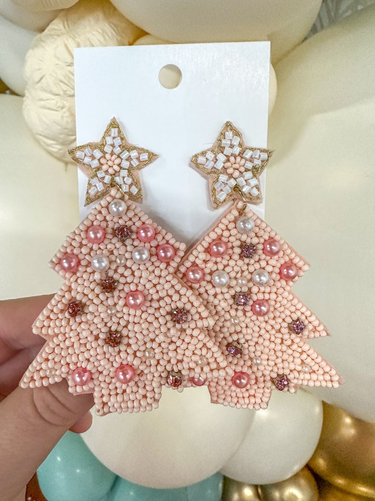 A Pink Christmas Tree Beaded Earrings