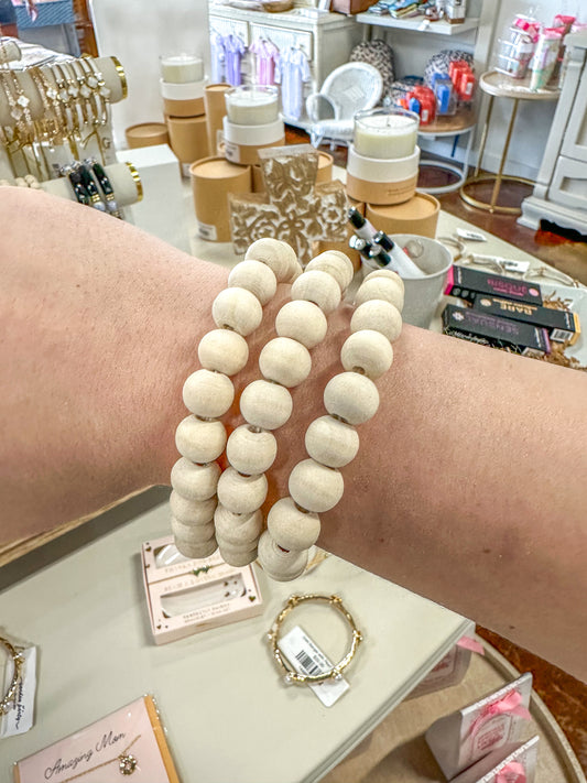 White Wood Bead Stretch Bracelet Set