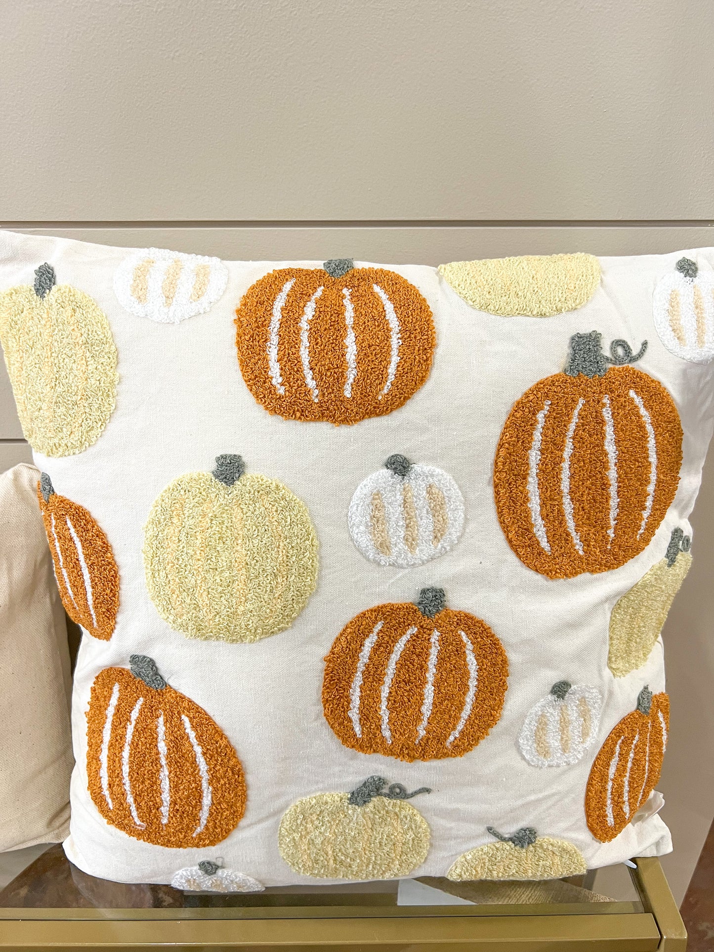 White/Orange Pumpkin Patch Embroidered Pillow