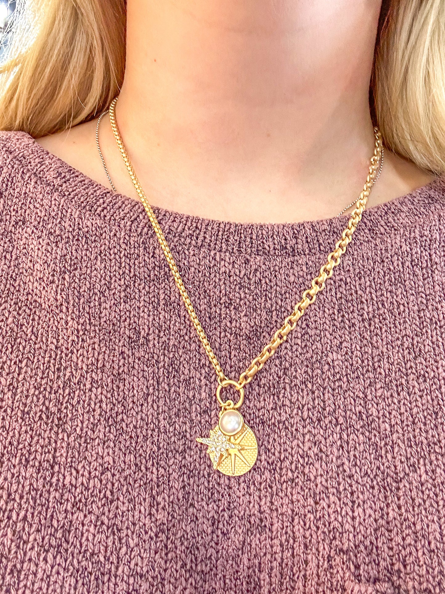 Helena Gold Textured Disc W/ Starburst Necklace