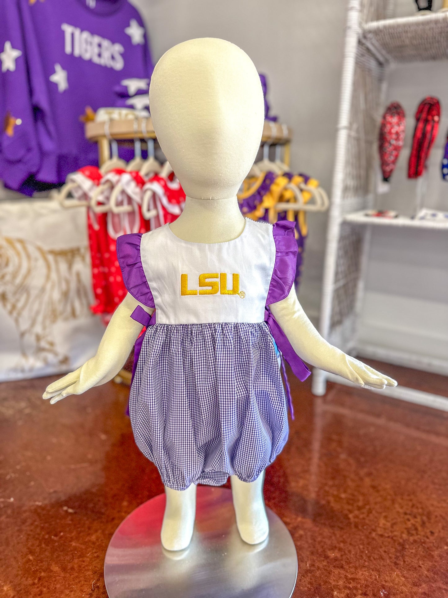 LSU Embroidered Gingham Girls Bubble