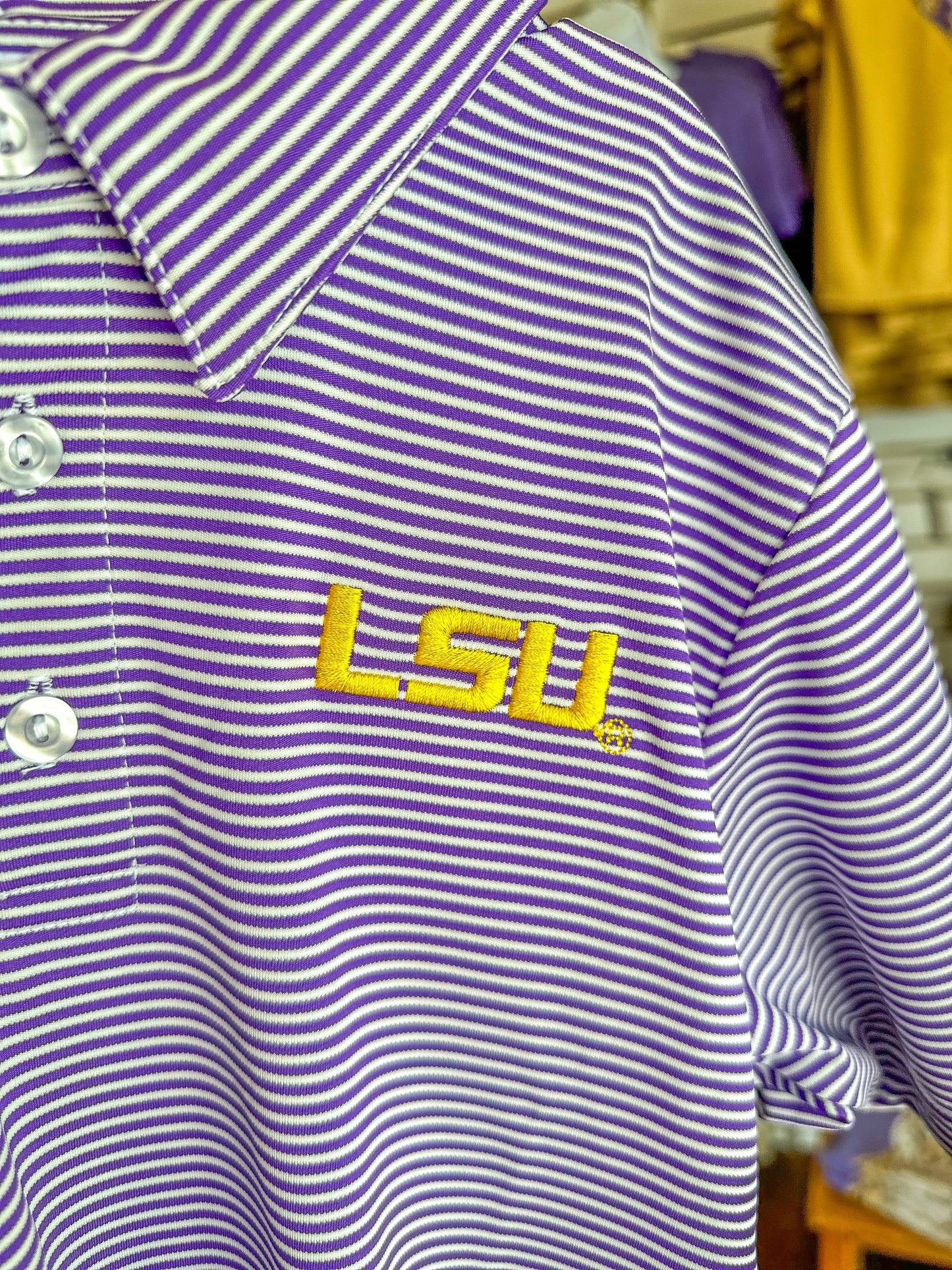 LSU Embroidered Purple Stripe Polo