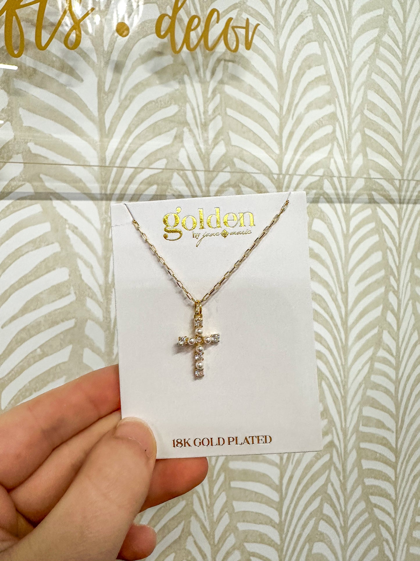 Golden Mini Cubic Zirc. and Pearl Cross Necklace