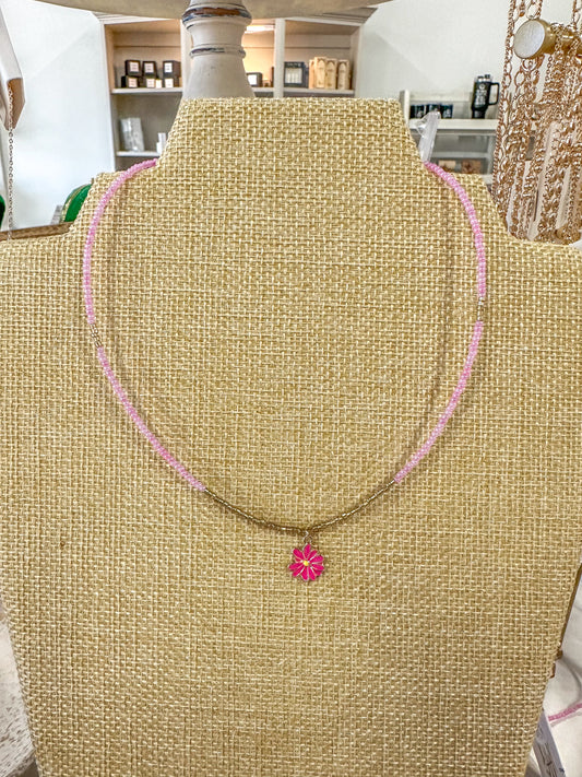 Hot Pink & Gold Flower Charm Necklace