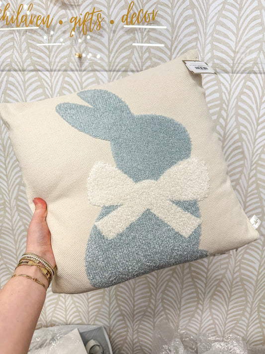 Oat & Light Blue Embroidered Bunny Pillow