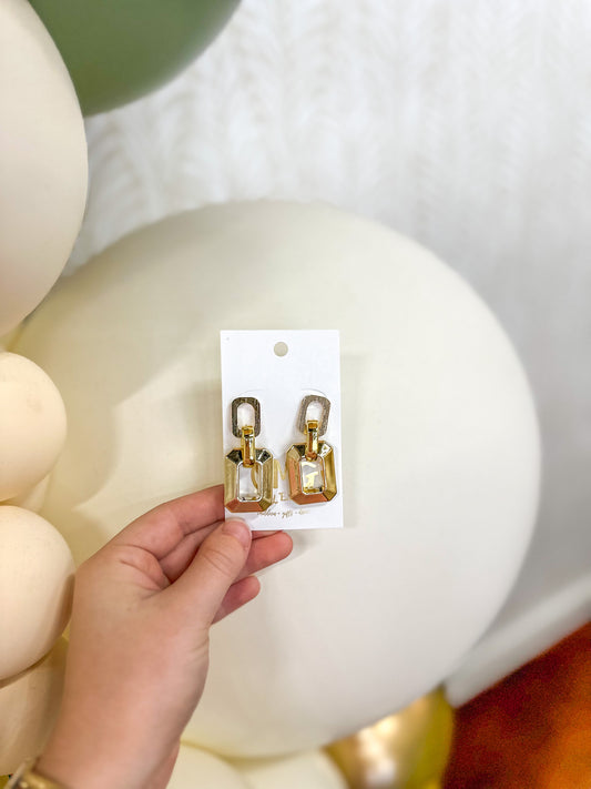 Gold Metallic Two Drop Geometric 2” Earrings