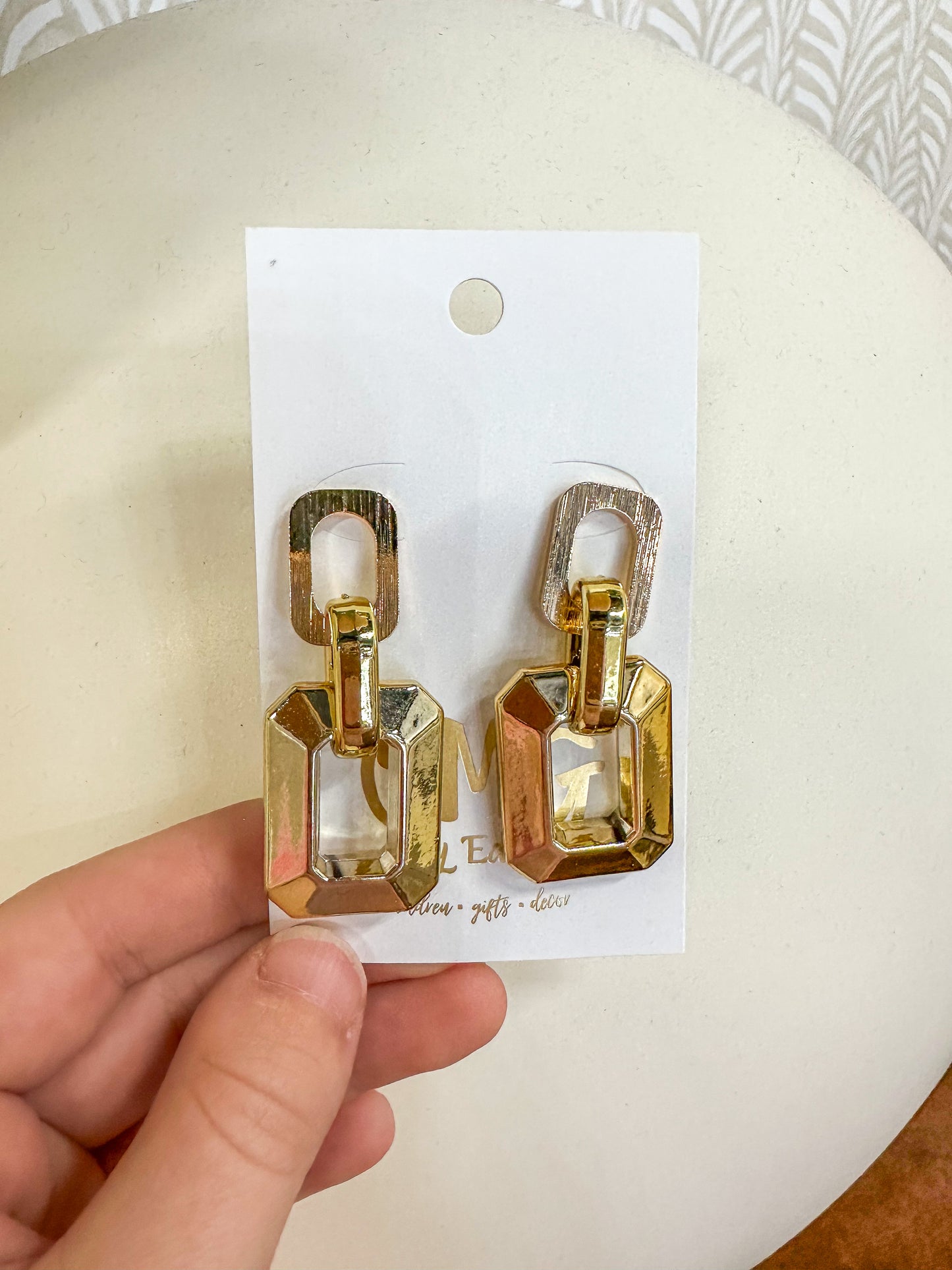 Gold Metallic Two Drop Geometric 2” Earrings