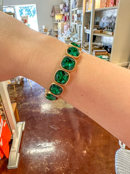 Green Squared Crystal & Gold Stretch Bracelet