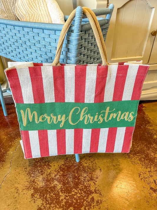 Merry Christmas Stripe Carryall Tote